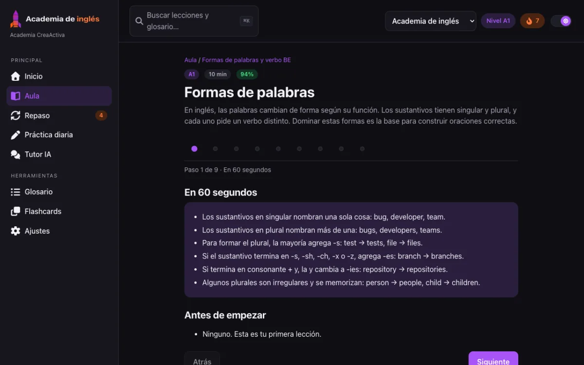 Captura real de Inglés para profesionistas en la computadora: una lección con el resumen en 60 segundos (datos de ejemplo).