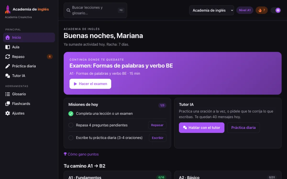 Captura real de Inglés para profesionistas en la computadora: el panel de inicio con tu racha, tus misiones y tu camino por niveles (datos de ejemplo).