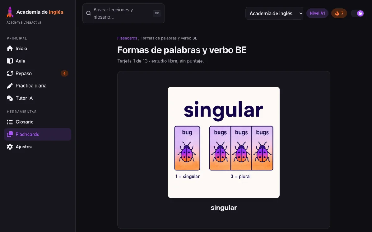 Captura real de Inglés para profesionistas en la computadora: una flashcard con imagen (datos de ejemplo).