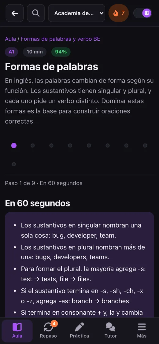 Captura real de Inglés para profesionistas en el celular: una lección corta con el resumen en 60 segundos (datos de ejemplo).
