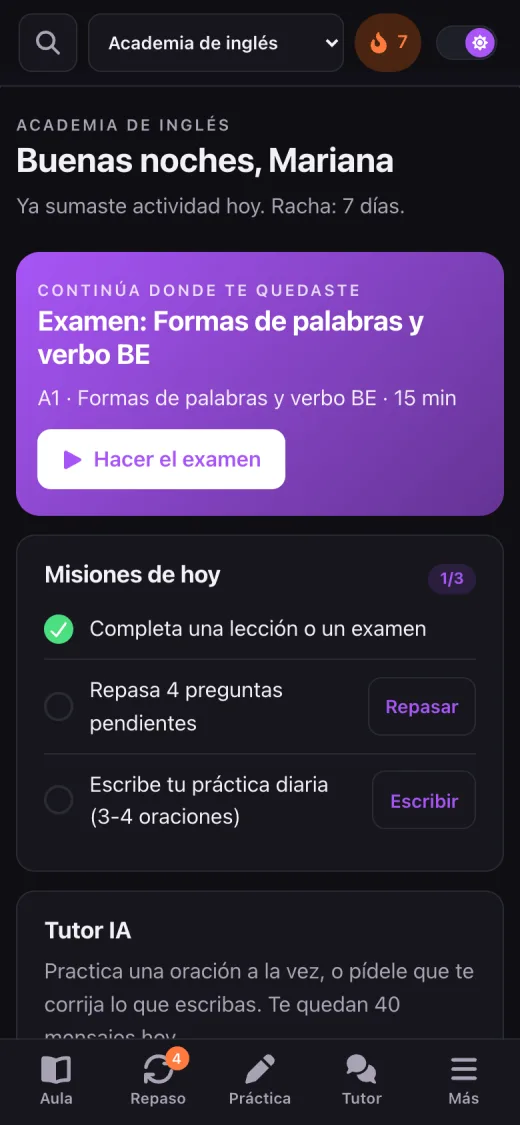 Captura real de Inglés para profesionistas en el celular: el panel de inicio, con la lección donde te quedaste, tu racha y las misiones del día (datos de ejemplo).