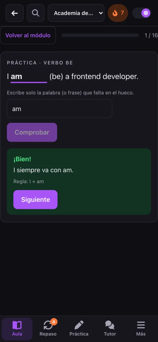 Captura real de Inglés para profesionistas en el celular: una pregunta de práctica con retroalimentación inmediata (datos de ejemplo).
