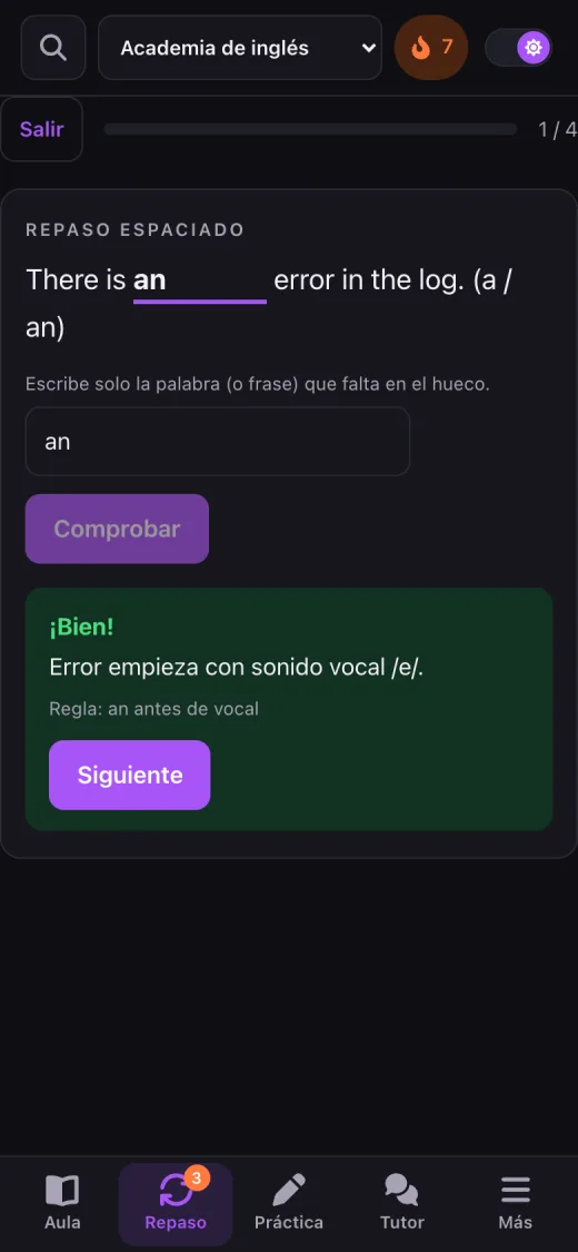Captura real de Inglés para profesionistas en el celular: el repaso espaciado con una pregunta que ya se había fallado (datos de ejemplo).