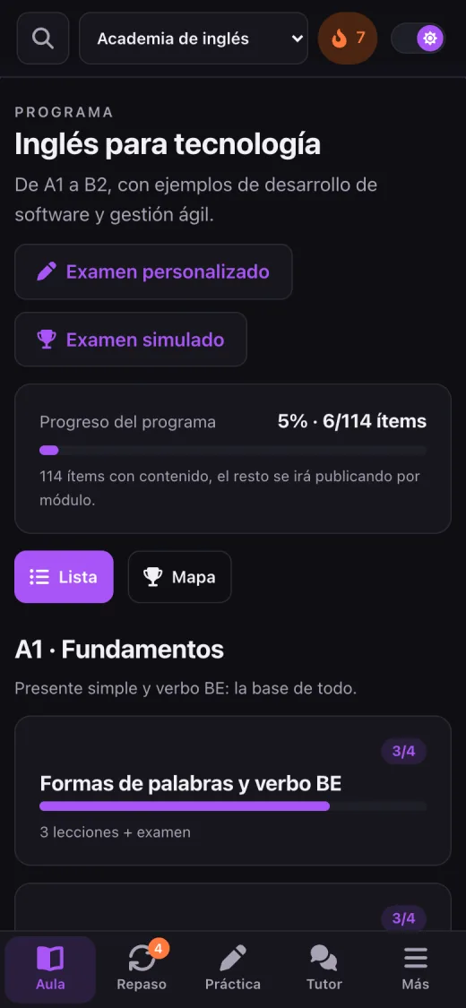 Captura real de Inglés para profesionistas en el celular: la ruta de aprendizaje con tu progreso por módulo (datos de ejemplo).