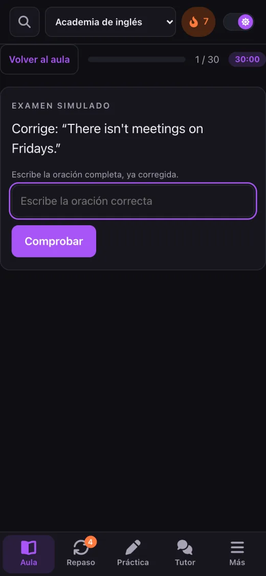 Captura real de Inglés para profesionistas en el celular: el examen simulado de un nivel con el cronómetro (datos de ejemplo).