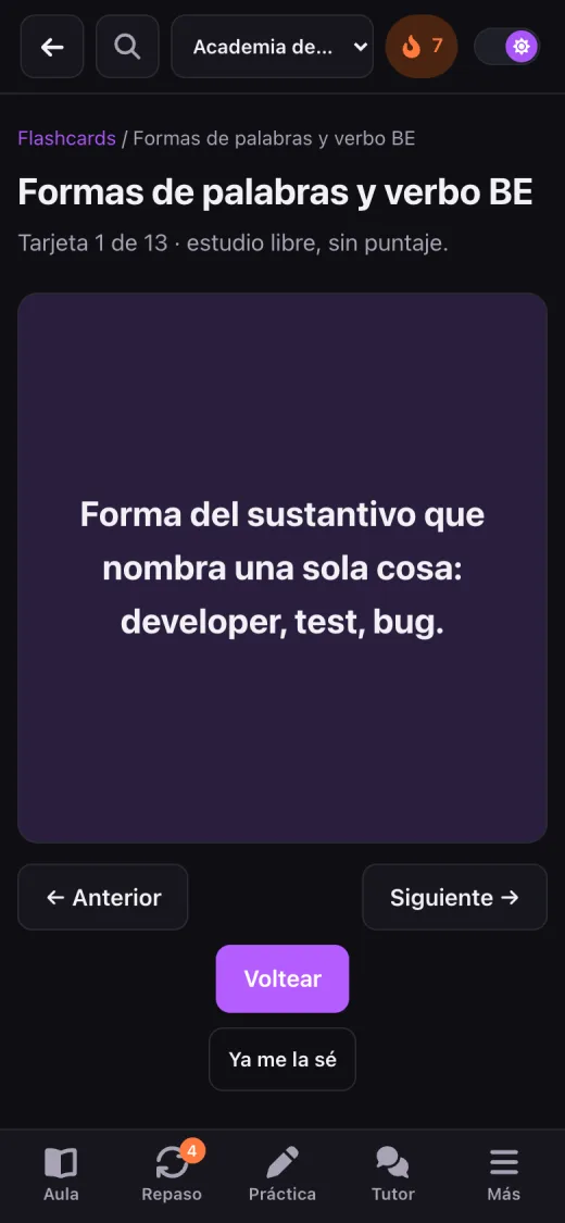 Captura real de Inglés para profesionistas en el celular: la misma flashcard volteada, con la respuesta (datos de ejemplo).