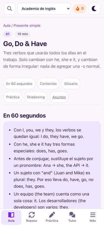 Una lección corta de la academia de inglés, con el texto explicado y ejemplos.