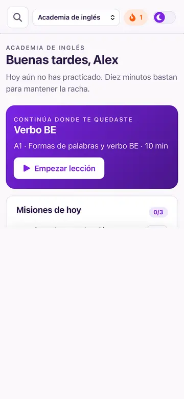 Panel de inicio con la lección donde te quedaste, tu racha y las misiones del día.
