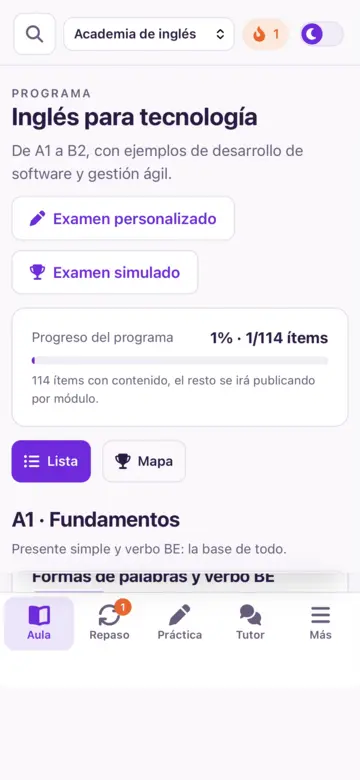 Vista de tu ruta de aprendizaje: el programa, el progreso (1 de 114 ítems), exámenes y la lista de módulos por nivel.