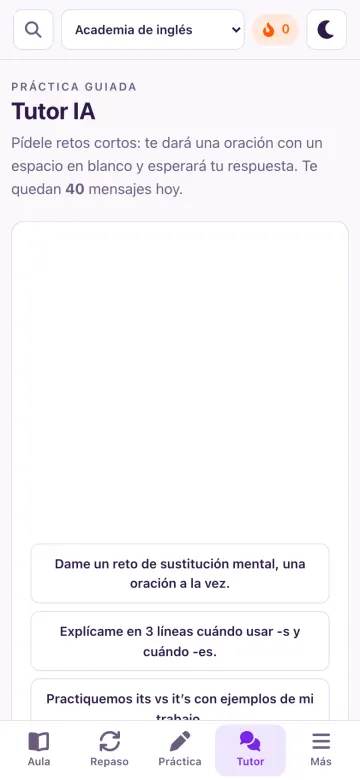 Conversación con el tutor IA resolviendo una duda de inglés.